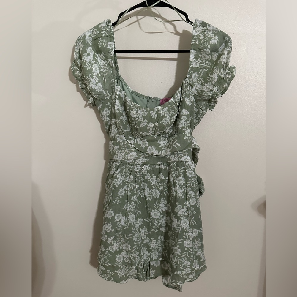 NWT: Miami sage green shorts romper with white design. Medium